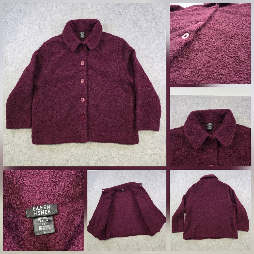 Eileen Fisher Jacket Womens Large Purple Wool Boucle Knit Button Front USA